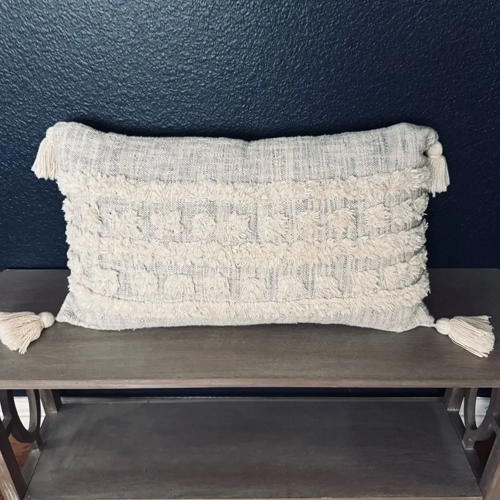 Boho Cream Gray Tassel Modern Farmhouse Rectangular Throw Pillow